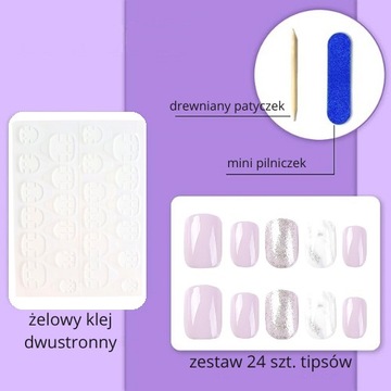 PAZNOKCIE SZTUCZNE TIPSY SHORT SQUARE FIOLETOWE BROKAT SAMOPRZYLEPNE 24SZT