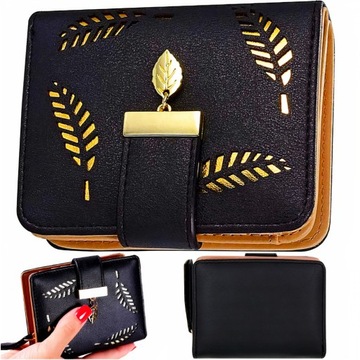 PORTFEL DAMSKI PORTMONETKA NA ZATRZASK CZARNY MAŁY LISTKI 3 PRZEGRODY PREZE