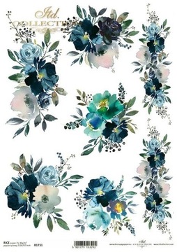 ITD Collection - Decoupage Papier RYŻOWY R1731 - Kwiaty Niebieskie Róże A4