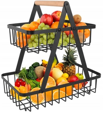 METALOWY CZARNY KOSZYK NA OWOCE DWUPOZIOMOWY STOJAK ORGANIZER LOFT + DREWNO