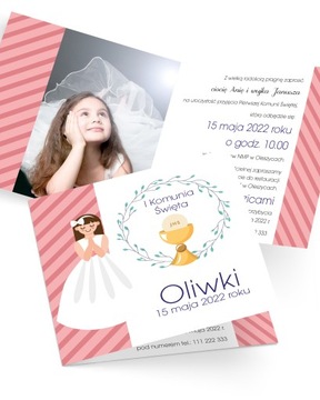 Zaproszenia Komunijne ze zdjęciem, personalizowane z kopertą „Painted Girl”