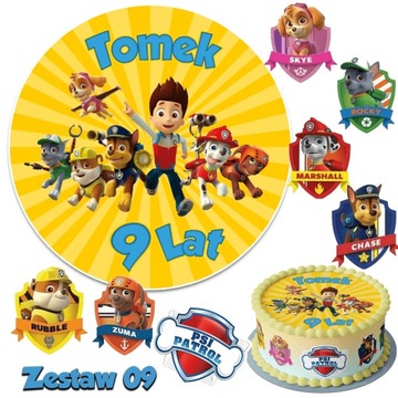 Zestaw Opłatek na tort PSI PATROL z Imieniem +7 Wyciętych Tarcz na Tort