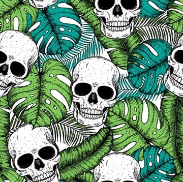 Tkanina wodoodporna ogrodowa oxford CZASZKI I LIŚCIE D010