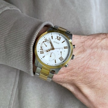 Srebrno-złoty zegarek damski Guess Solar z bransoletką W1070L8