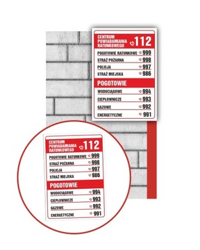 NAKLEJKA INFORMACYJNA TELEFONY ALARMOWE SAMOPRZYLEPNA 30x20CM POMOC RATUNEK