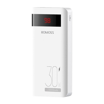 ROMOSS SZYBKI POWERBANK 20000MAH 2X USB-A USB-C QC 30W EKRAN LED Z KABLEM
