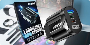 БЫСТРОЕ СЕТЕВОЕ ЗАРЯДНОЕ УСТРОЙСТВО 2X USB C 58 Вт + USB QC 3.0 PD + КАБЕЛЬ USB-C 60 Вт 1 м