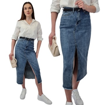DŁUGA SPÓDNICA JEANSOWA Niebieska z Rozporkiem, Ołówkowa MAXI, r. XL