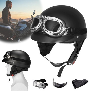 KASK MOTOCYKLOWY ORZESZEK HEŁM RETRO CHOPPER GOGLE ZDEJMOWANY CZARNY