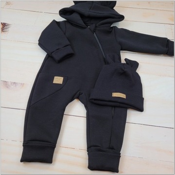 Комбинезон из утепленного свитшота + шапка черный 56