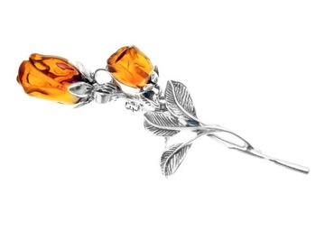 Róża srebrna stylowa broszka z bursztynem