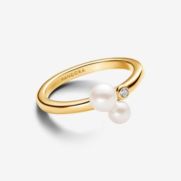 Złoty pierścionek z perłami hodowanymi, słodkowodnymi, poddanymi obróbce