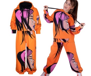 Dres oversize Komplet Orange luźny spodnie bluza z kapturem Print 128