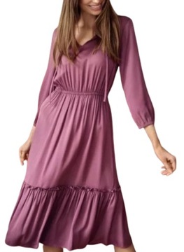 Sukienka midi z falbanką boho rozkloszowana Greenpoint bordowa r.38