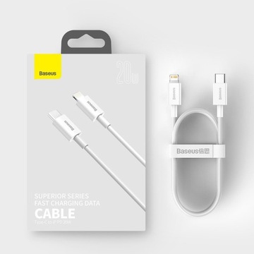 BASEUS SZYBKI KABEL USB-C / LIGHTNING DO IPHONE 20W MOCNY PRZEWÓD BIAŁY 1m