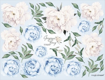 Naklejki na ścianę BIAŁE NIEBIESKIE KWIATY NAKLEJKA PIWONIE - 100cm x 130cm