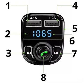 FM-передатчик, зарядное устройство Bluetooth MP3, 2 порта USB