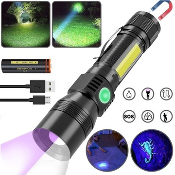 MOCNA LATARKA UV LED AKUMULATOROWA TAKTYCZNA ZOOM USB ŚWIATŁO ROBOCZE COB