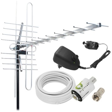 ANTENA + ZESTAW DO ODBIORU DVB-T2 WZMACNIACZ KABEL