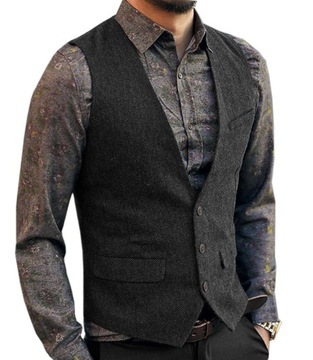 Mens Classic Herringbone Tweed Wool Suit Vest V Ne