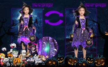 СВЕТЯЩИЙСЯ СВЕТОДИОДНЫЙ КОСТЮМ ОДНОРАЗОВЫЙ НАряд ВЕДЬМЫ + Шляпа XL ДЛЯ ДЕТЕЙ 10-12 ЛЕТ