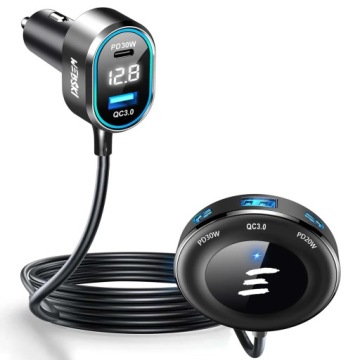 Velmi Rychlá Automobilová Nabíječka Klips 98W 2xUSB 3xUSB-C LCD Kabel 100CM