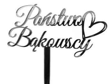 Topper ślubny z NAZWISKIEM nazwisko srebrne lustro