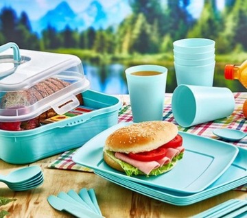 НАБОР ДЛЯ ПИКНИКА 32 ЭЛЕМЕНТА ЧАШКИ КОНТЕЙНЕР ДЛЯ СТОЛОВЫХ ПРИБОРОВ