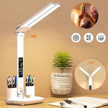 LAMPA BIURKOWA LED Z PODWÓJNĄ GŁOWICĄ Z ZEGAR CYFROWY, LAMPA DO CZYTANIA