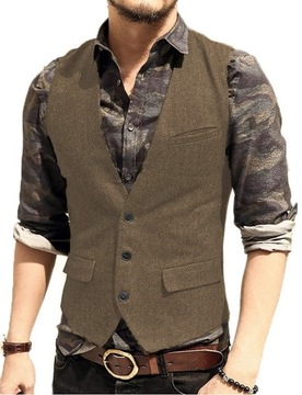 Men's Suit Vest V Neck Wool Herringbone Tweed Casu
