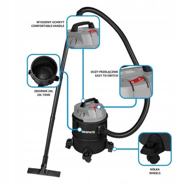 ГРАФИТОВЫЙ МОЩНЫЙ ПЫЛЕСОС ДЛЯ СТРОИТЕЛЬСТВА 1200ВТ 20Л + АКСЕССУАРЫ