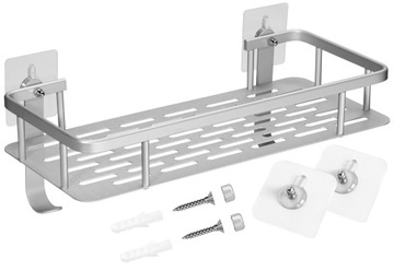 PÓŁKA ŁAZIENKOWA POD PRYSZNIC WISZĄCA SREBRNA ALUMINIUM PRZYKLEJANA KOŁKI