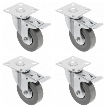 4 x Kółko Koło Obrotowe 75mm Szare 50kg z Hamulcem Gumowe z Blaszką