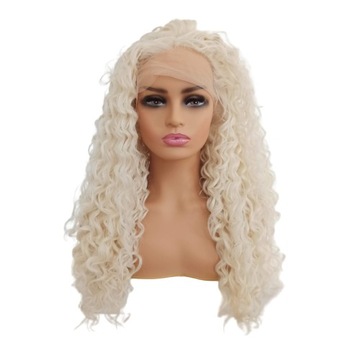 Peruka LACE FRONT jasny platynowy blond jasna loki kręcone + czepek GRATIS