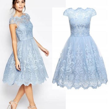 CHI CHI LONDON sukienka koronkowa niebieska rozkloszowana 34 XS