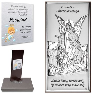 Pamiątka Chrztu Świętego od Matki Chrzestnej obrazek srebrny Anioł Stróż