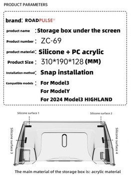 Tesla Model 3 Highland 2023 2024 Model Y Ukryty schowek pod ekranem