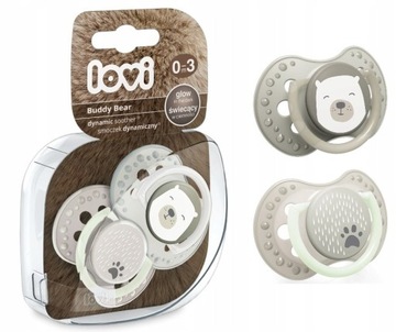 LOVI Smoczek dynamiczny silikonowy 0-3m 2szt w ETUI BUDDY BEAR świeci