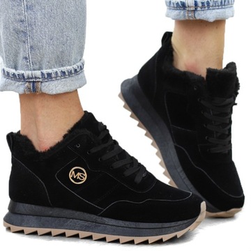 Czarne śniegowce sneakersy damskie ocieplane futerko TL233 r.36