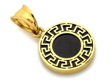 Zawieszka złota 585 okrągła z czarnym kamieniem z wzorem greckim prezent