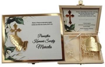 Pamiątka Komunii Świętej-PREZENT pudełko. Różaniec i serduszko komplet