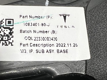 Tesla 3 Y КОНСОЛЬ ПРИБОРНОЙ ПАНЕЛИ КОКПИТ 1083401-80-J ПОЛНОСТЬЮ НЕ СНЯТО
