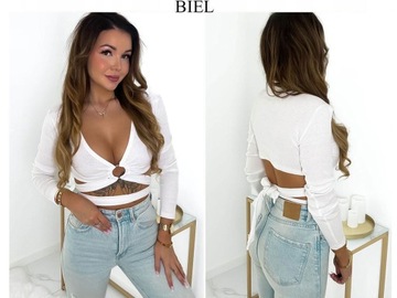 Bluzka damska z długim rękawem CROP TOP z wiązaniem w talii z wycięciami