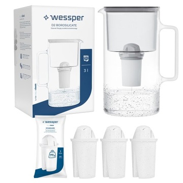 Dzbanek filtrujący szklany Wessper 3l Szary + 4x Filtr aquaclassic 77g