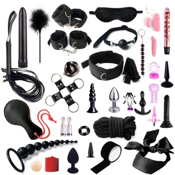 XXL ZESTAW ZABAWEK SEX GADŻETY - KAJDANKI BAT OBROŻA ZACISKI KNEBEL BDSM