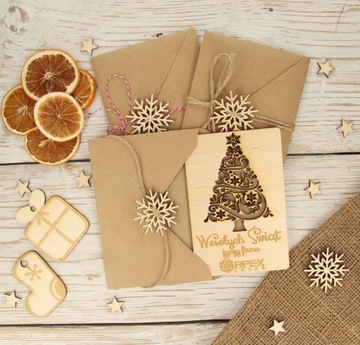 Kartka świąteczna drewniana firmowa LOGO IMIE eko