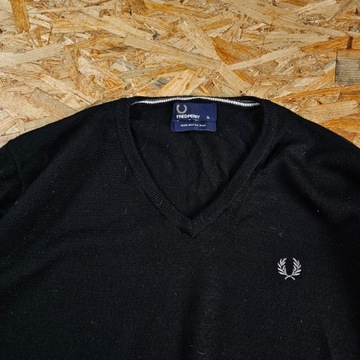 Sweter w Serek Wełniany FRED PERRY Wełna Merino Merynos Elegancki Casual XL