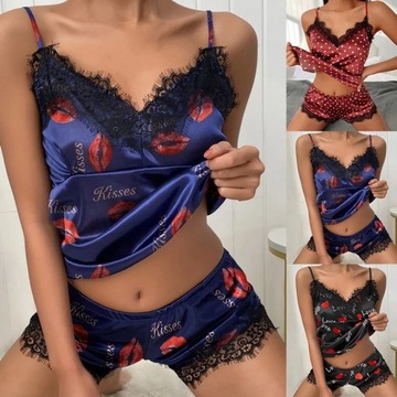 Women Sexy Pajamas Set Satin Silk Lace Cami Vest H