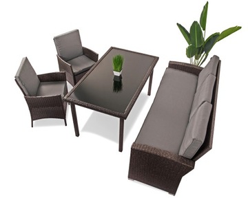 Meble ogrodowe rattanowe Doha - SOFA + STÓŁ + 4 x FOTELE Ciemny Brązowy