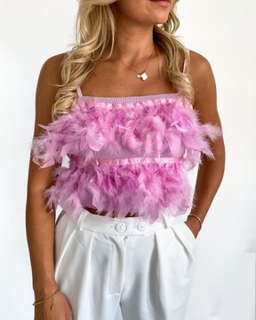 РОЗОВЫЙ ТОП С РОЗОВЫМИ ПЕРЬЯМИ БЛУЗКА НА РЕМЕШКАХ